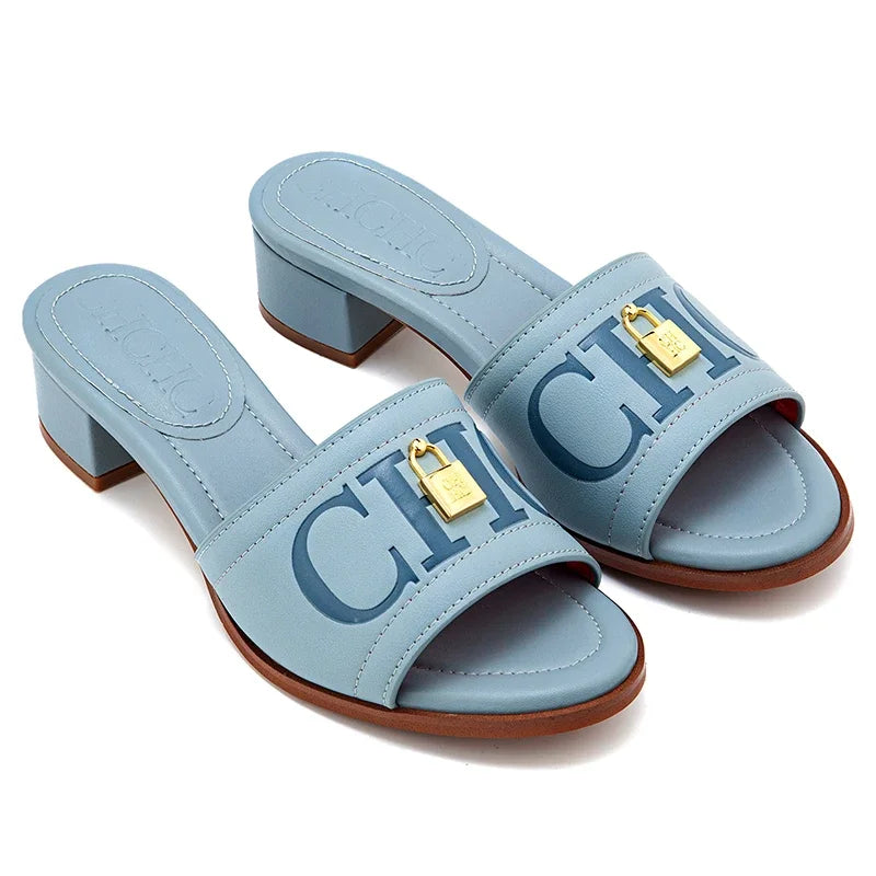 Fashion Monogram Print Elegant Design Women's Low Heeled Slippers Solid Color High Quality Metal Lock Simple Single Shoes
