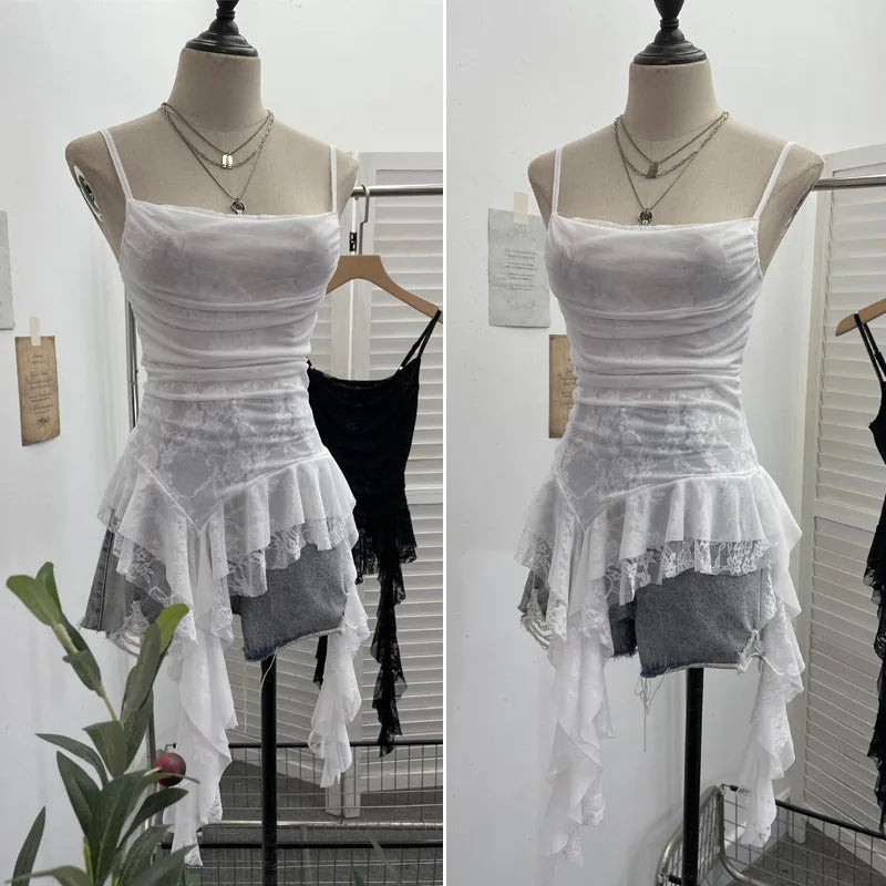 Summer Y2K Camisole for Women Casual Spaghetti Straps Double Layers Lace Stretch Mesh Patchwork Asymmetrical Slim Tops