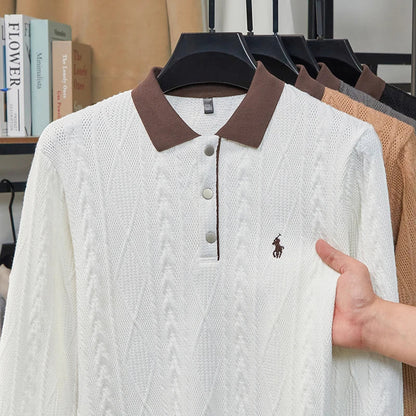 Men's Autumn and Winter Light Luxury 100% Cotton Men's Embroidered Knitted T-shirt Casual Business Sweater Polo Shirt