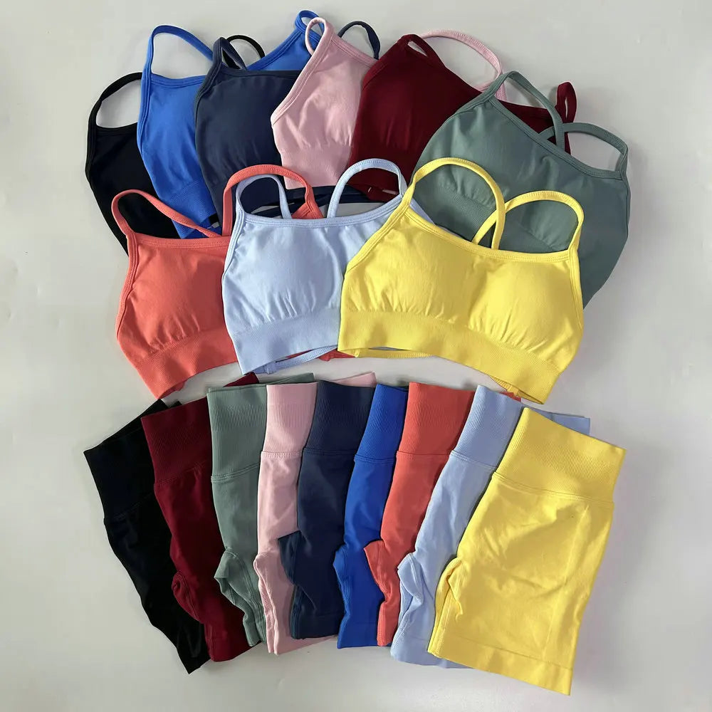 No Logo Women 2 Pieces Yoga Set Cross Straps Bra Beautiful Back Tops High Waist Sport Short Scrunch Bum Workout Short Gym Suit