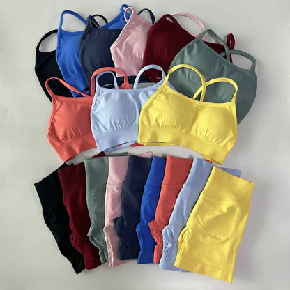 No Logo Women 2 Pieces Yoga Set Cross Straps Bra Beautiful Back Tops High Waist Sport Short Scrunch Bum Workout Short Gym Suit