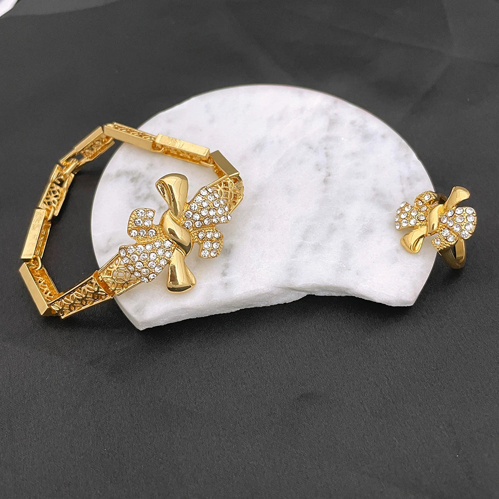 Conjunto de Joias Femininas Banhadas a Ouro 18k, Design Clássico, Colar, Brinco, Pulseira e Anel, Conjunto de 4 Peças, Joias para Festa de Casamento, Itália