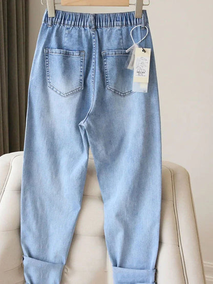 Casual Harem Jogger Jeans Elastic High Waist Denim Trousers
