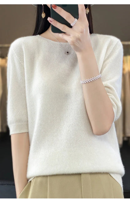 100% pure wool T-shirt spring and summer new women's O-neck pullover short sleeve loose five-sleeve sweater high-end top