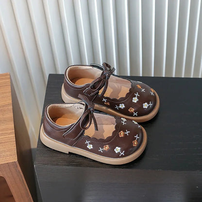 Spring Autumn Girls Soft Leather Shoes Embroidery Flower Princess Sweet Kids National Style Children Flat Mary Janes Dress Shoes