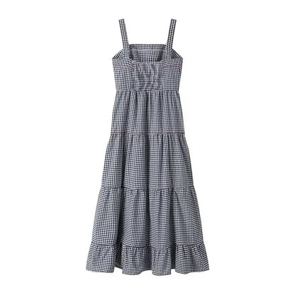 Plaid Slip Long Dress Woman Embroidery Ruffle Summer Dresses 2025 Sleeveless Beach Holiday Dress Women Casual Midi Dresses