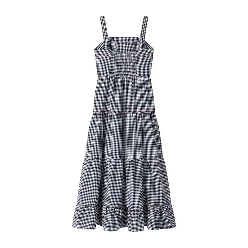 Plaid Slip Long Dress Woman Embroidery Ruffle Summer Dresses 2025 Sleeveless Beach Holiday Dress Women Casual Midi Dresses