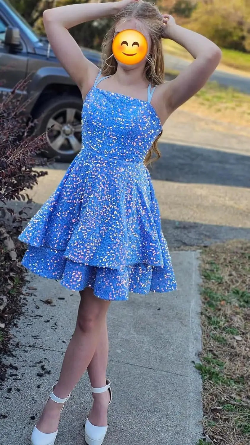 Sequin Short Square Neck Homecoming Dress for Teen Sparkly Prom Dress Sweet 16 Photo Shoot Cocktail Gowns Graduation Dress