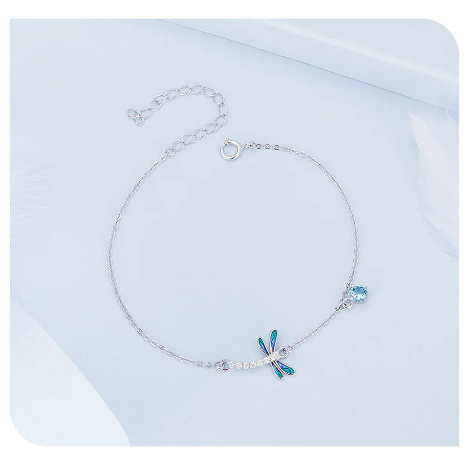 925 Sterling Silver Green and Blue Enamel Dragonfly Bracelet Insect Chain Link for Women Pave Setting CZ Fine Jewelry