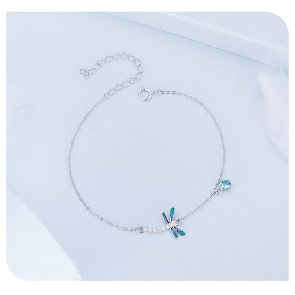 925 Sterling Silver Green and Blue Enamel Dragonfly Bracelet Insect Chain Link for Women Pave Setting CZ Fine Jewelry