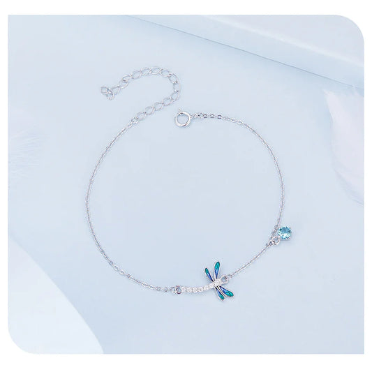 925 Sterling Silver Green and Blue Enamel Dragonfly Bracelet Insect Chain Link for Women Pave Setting CZ Fine Jewelry