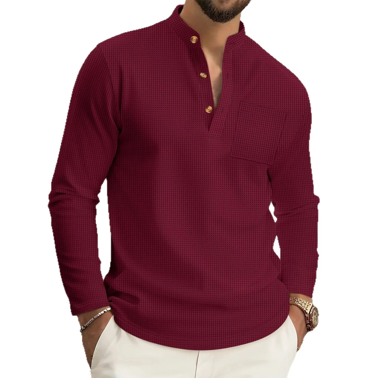 Men's casual waffle check long-sleeved shirt stand-up collar button semi-cardigan breathable and comfortable daily wear shirt