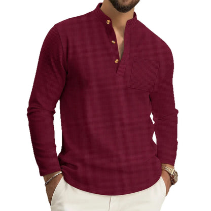 Men's casual waffle check long-sleeved shirt stand-up collar button semi-cardigan breathable and comfortable daily wear shirt