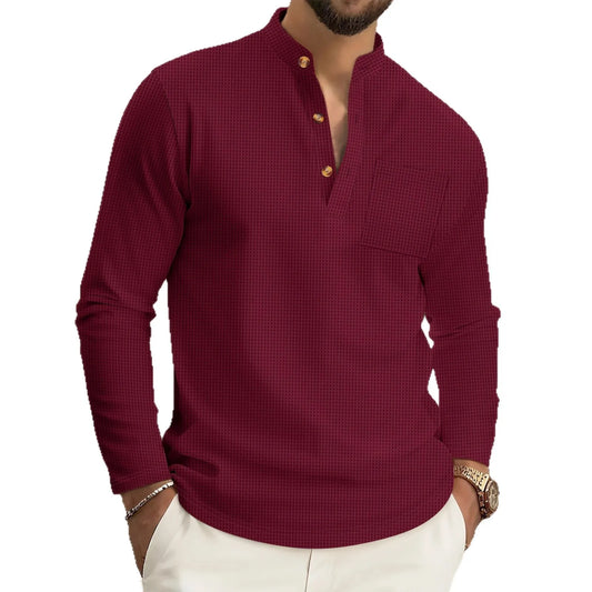 Men's casual waffle check long-sleeved shirt stand-up collar button semi-cardigan breathable and comfortable daily wear shirt