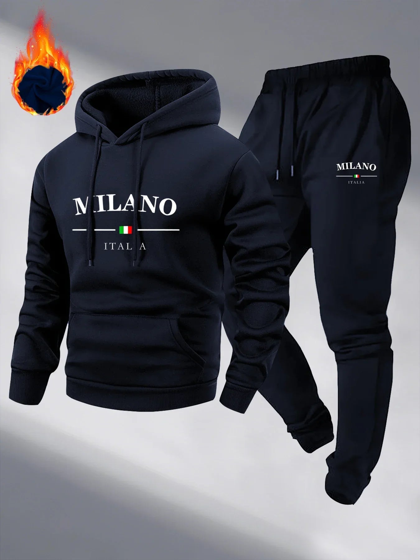 Men's Fleece Warm Hoodies Sets MILANO Printing Tracksuit Hooded Sweatshirt + Drawstring Pants Sportswear Two-piece suit