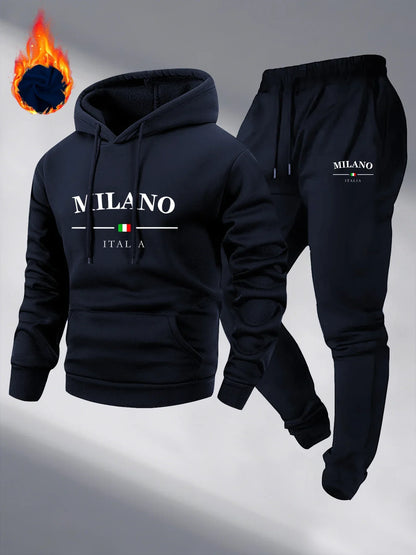 Men's Fleece Warm Hoodies Sets MILANO Printing Tracksuit Hooded Sweatshirt + Drawstring Pants Sportswear Two-piece suit