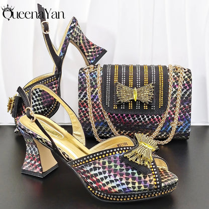 Sky Blue Color Party Peep Toe High Heels and Handbag  Set With Striped and Rhinestone Decoration Design