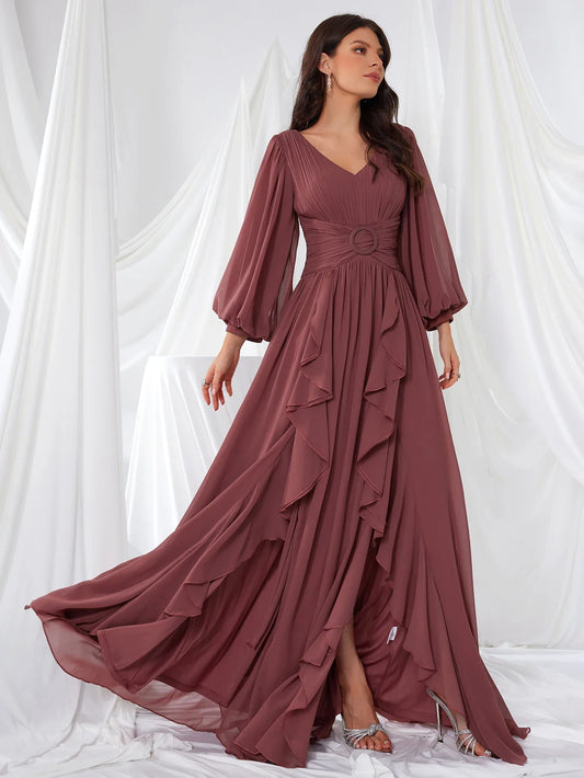 Women's V-Neck Long Sleeve Chiffon Dress Split Bridal Maids Maxi Gown