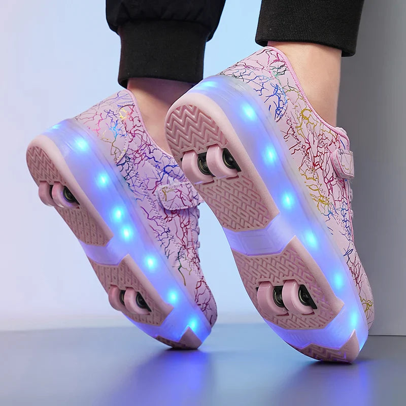 4 Wheel Dual-Use Roller Skates with Detachable Wheels ,Sneakers with LED Boys Girls Shoes with Wheels,Speed Skate Sizes 29-42