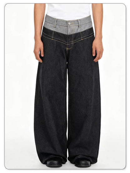 Men's Retro Personalized Double Waist Design Loose Wide Leg Jeans Street Design Denim Pants Gothic Baggy Machete Wide Leg Jeans