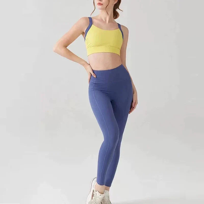 Women's Color-Block Quick-Drying Yoga Fitness Suit Cross-Back Sports Bra High-Waist Hip-Lifting Pants Gym Workout Ensemble