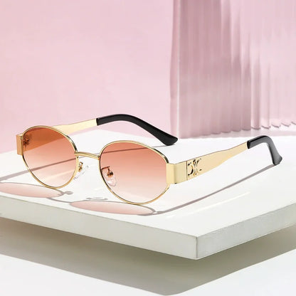 Luxury Designer Brand Sunglasses for Women and Men Oval Metal Frame Unisex Glasses Stylish Glamour Eyewear Retro Gold-Edged Oval