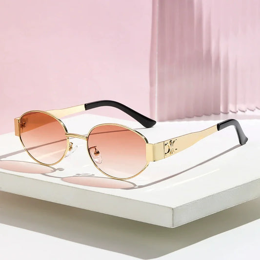 Luxury Designer Brand Sunglasses for Women and Men Oval Metal Frame Unisex Glasses Stylish Glamour Eyewear Retro Gold-Edged Oval