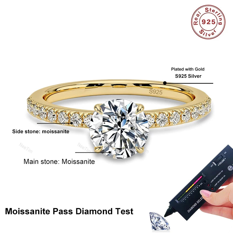 1ct-5ct All Moissanite Rings for Women Sparkling Lab Diamond S925 Sterling Silver with Gold Plated Wedding Promise Rings