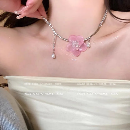 Romantic Niche Pink Sweet Flower Collarbone Chain Versatile Temperament Necklace Women's Pearl Fringe Collarbone Chain
