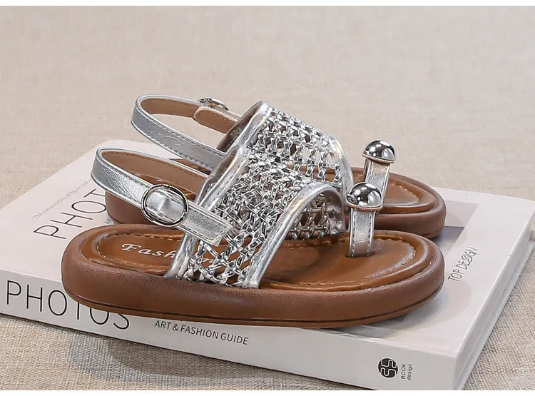 Children's Shoes Girls Flip-flops 2025 Brand Summer Sandals for Kids Fashion Braided Beach Shoes Princess Flat Slingbacks I05281