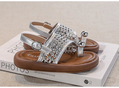 Children's Shoes Girls Flip-flops 2025 Brand Summer Sandals for Kids Fashion Braided Beach Shoes Princess Flat Slingbacks I05281