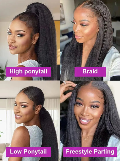 5x5 Kinky Straight Glueless Wigs Pre Cut Lace Kinky Straight Lace Front Wig  Yaki Straight Human Hair Wig For Woman 250% Density