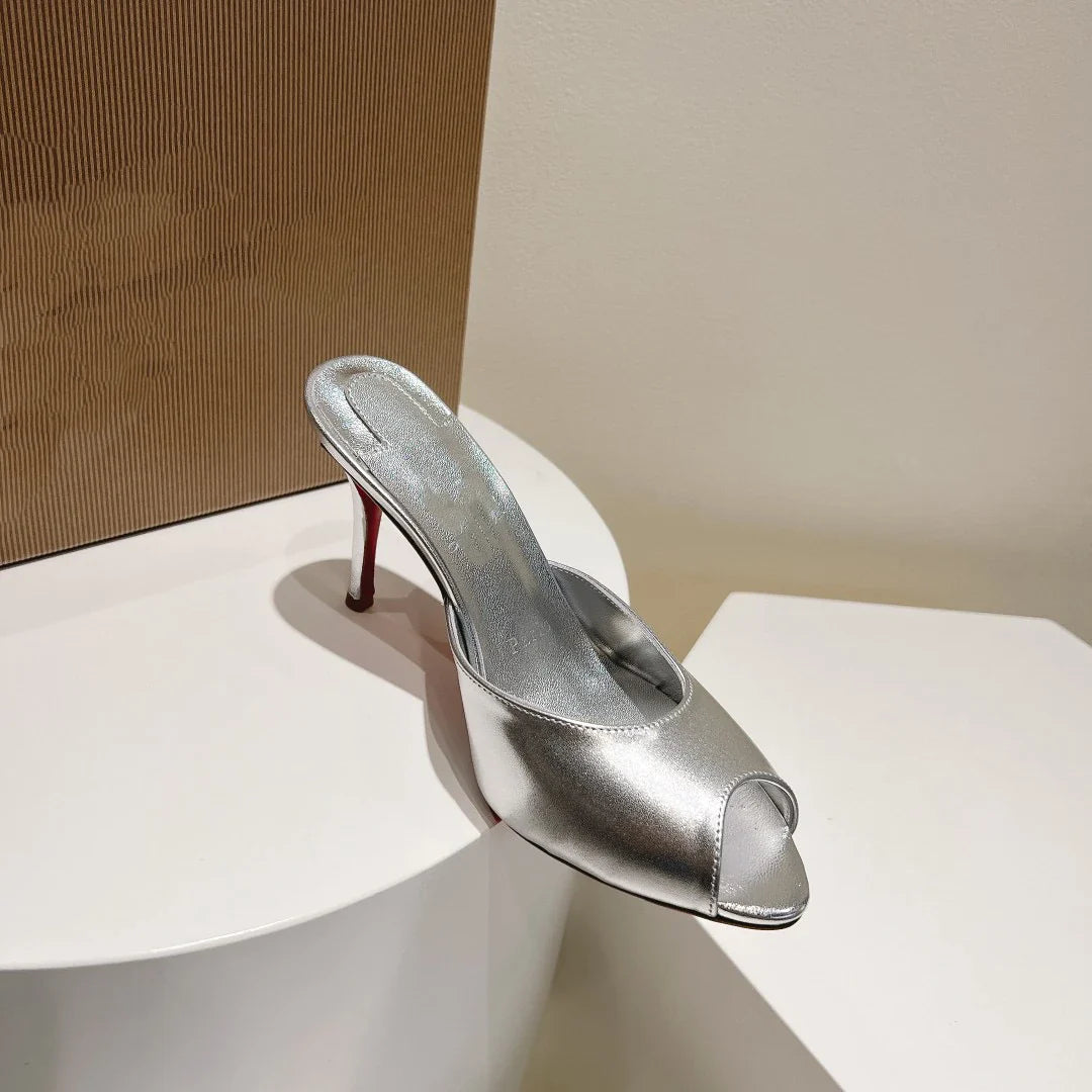 New patent leather nude high heels stiletto round head open-toed fish mouth shoes sexy outer slippers women's muller shoes
