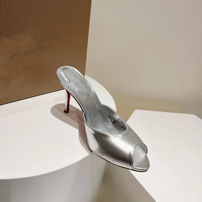 New patent leather nude high heels stiletto round head open-toed fish mouth shoes sexy outer slippers women's muller shoes
