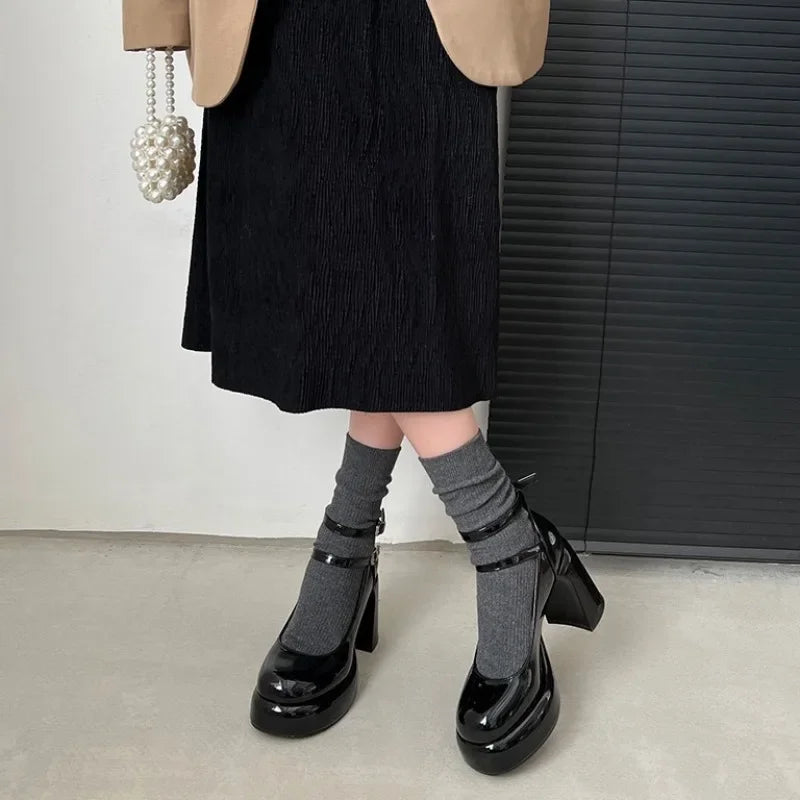 2024High Heels Women's Spring Autumn Pumps Shoes Red Black Retro Thick Soled  Jane  Ankle Buckle 9cm Chunky