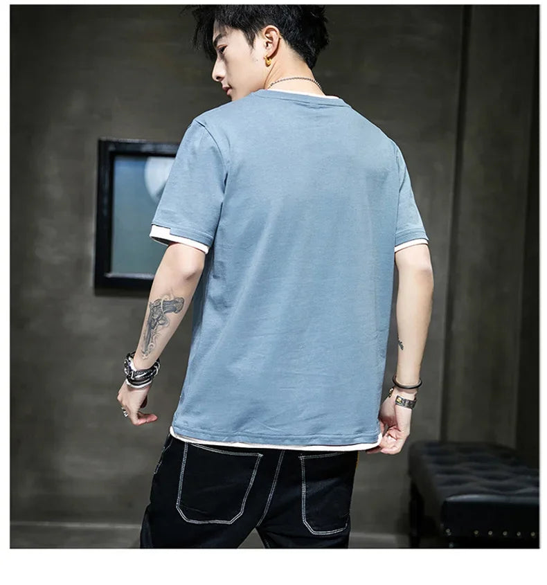 Classic Fake Two Short Sleeved Men's Pure Cotton T-shirt, Men's Summer Men's Interior Matching Trendy Brand T-shirt