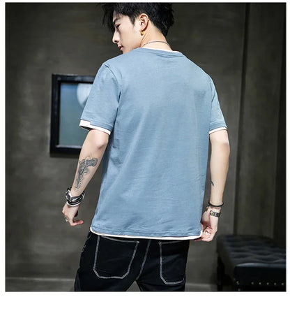 Classic Fake Two Short Sleeved Men's Pure Cotton T-shirt, Men's Summer Men's Interior Matching Trendy Brand T-shirt