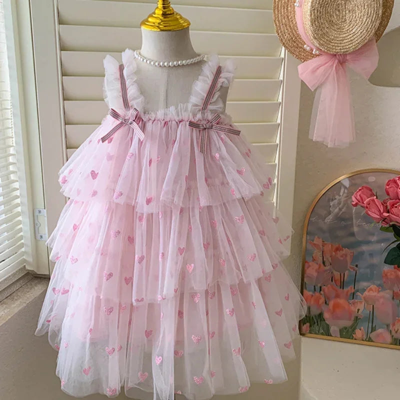 New Summer Baby Girls Party Dress Sleeveless Spaghetti Strap Love Heart Layered Princess Dresses for 3-7Year Old Kids E2310