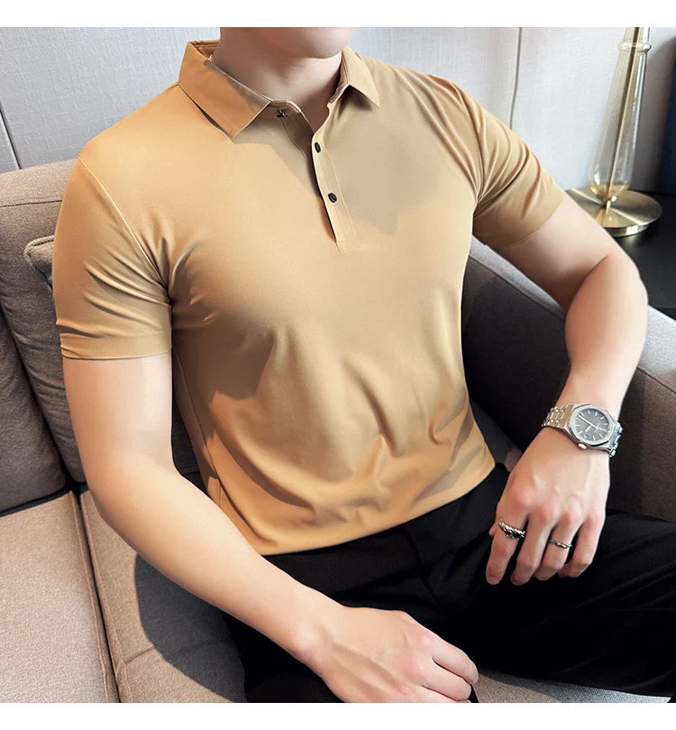 Ice Silk High Elastic Seamless T-shirt ,Summer Thin Polo Shirt, Solid Color Polo Collar Short Sleeve Brown Top, Business Leisure