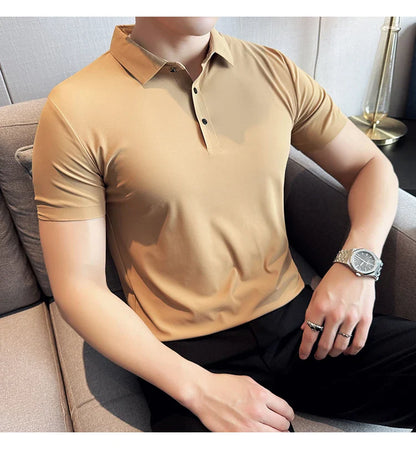 Ice Silk High Elastic Seamless T-shirt ,Summer Thin Polo Shirt, Solid Color Polo Collar Short Sleeve Brown Top, Business Leisure