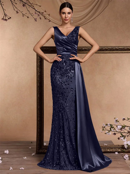Elegant V-neck Splice Ribbons Sequins Evening Dresses Woman Sleeveless Mermaid Formal Luxury Wedding Party Prom