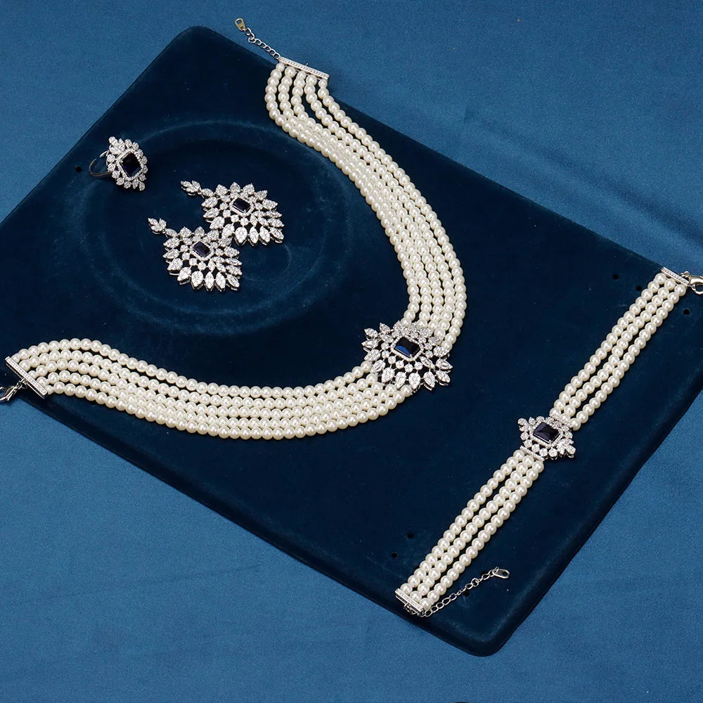 Gorgeous 5 Layered Imitation Pearl Choker with Planet Pendant Necklaces Bracelet Zircon 4PCS Jewelry Set for Women Wedding
