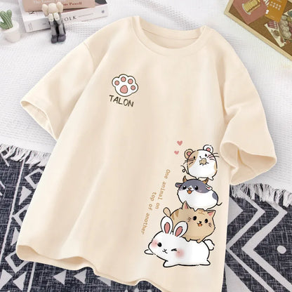 Camiseta Feminina Estilo Hamster Japonês Fofo Estampa Doce Uso Diário Manga Curta Solta Casual Adolescente Estudante Meia Manga Top
