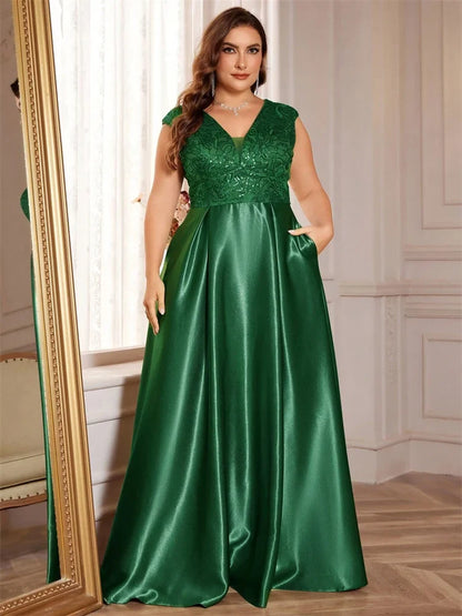 Plus Size Luxury V-Neck Sequins Embroidery with Pocket  Evening Dresses Elegant Women Wedding Party A-line Cocktail  Gowns Event