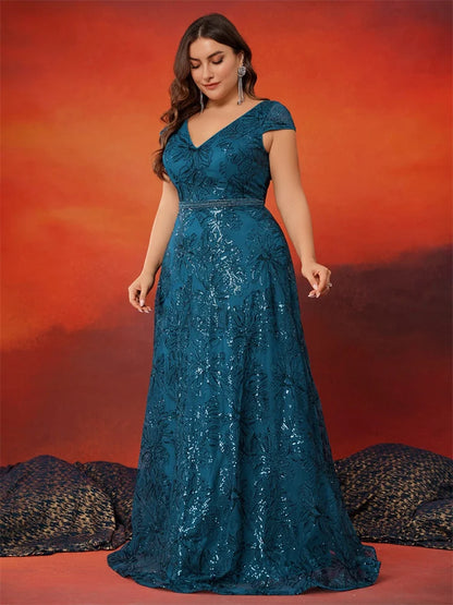 Vestido de festa plus size elegante com lantejoulas e decote V nas costas, manga curta, luxuoso, longo, estilo A-line, para formatura, casamento, festa e coquetel