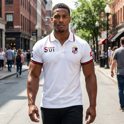 New Swiss polo shirts men short sleeved polo collars fashionable casual sporty high-end pure cotton micro elastic embroidery