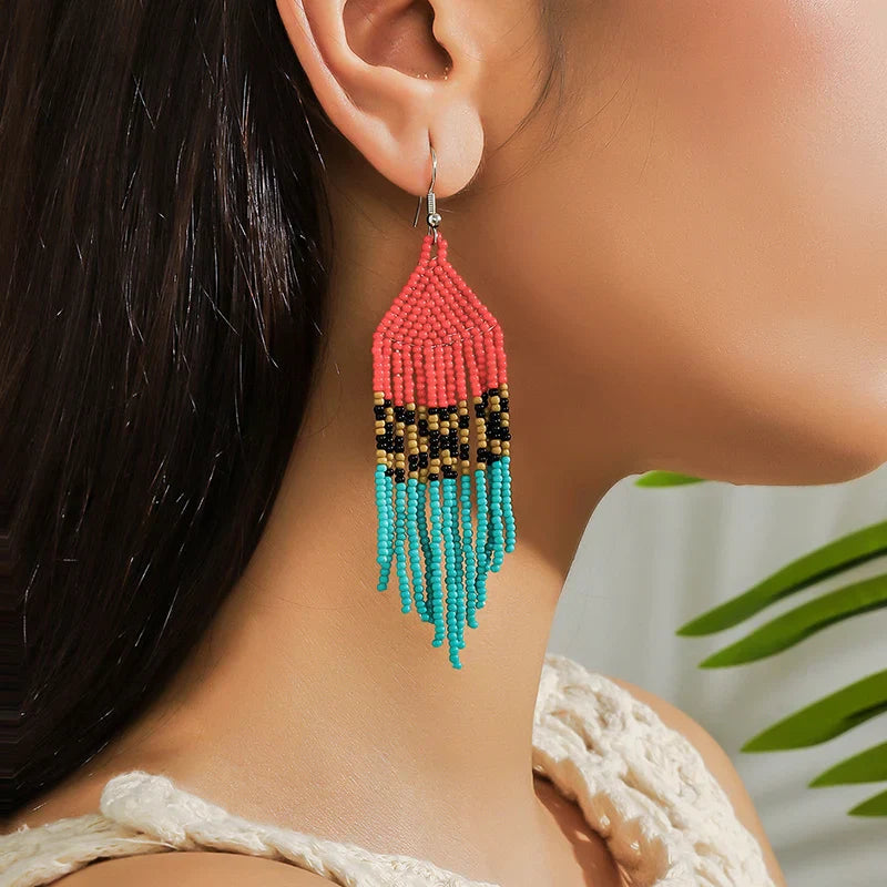 White Rice Beads Earrings For Women Retro Boho Tassels Water Drop Earrings Exaggerated Ethnic Style Earrings Jewelry