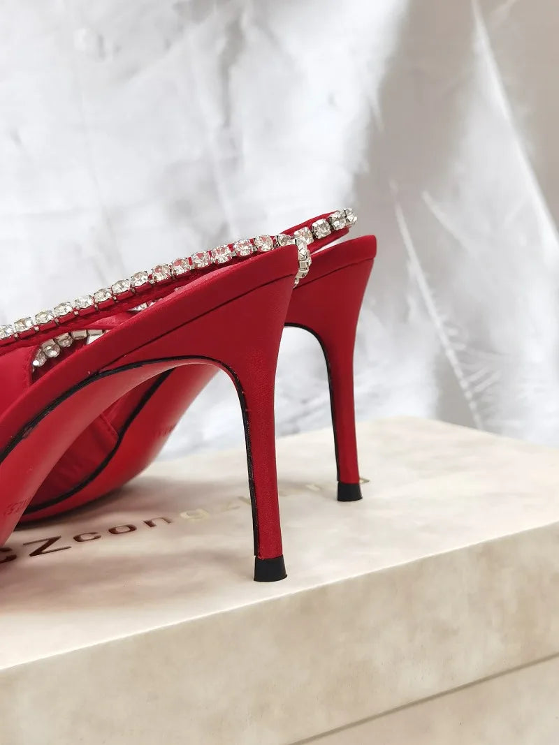 Luxury Diamonds Designer High Heels Women Satin Pointy Toe Pumps Rhinestone Sandals Female Shiny Sexy Wedding Dress Party Shoes