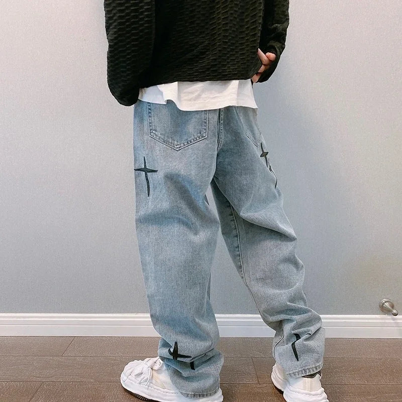 Prints Jeans Men 2026 New Streetwear Baggy Wide Leg Jeans Korean Fashion Drapes Straight Casual Loose Denim Cargo Pants
