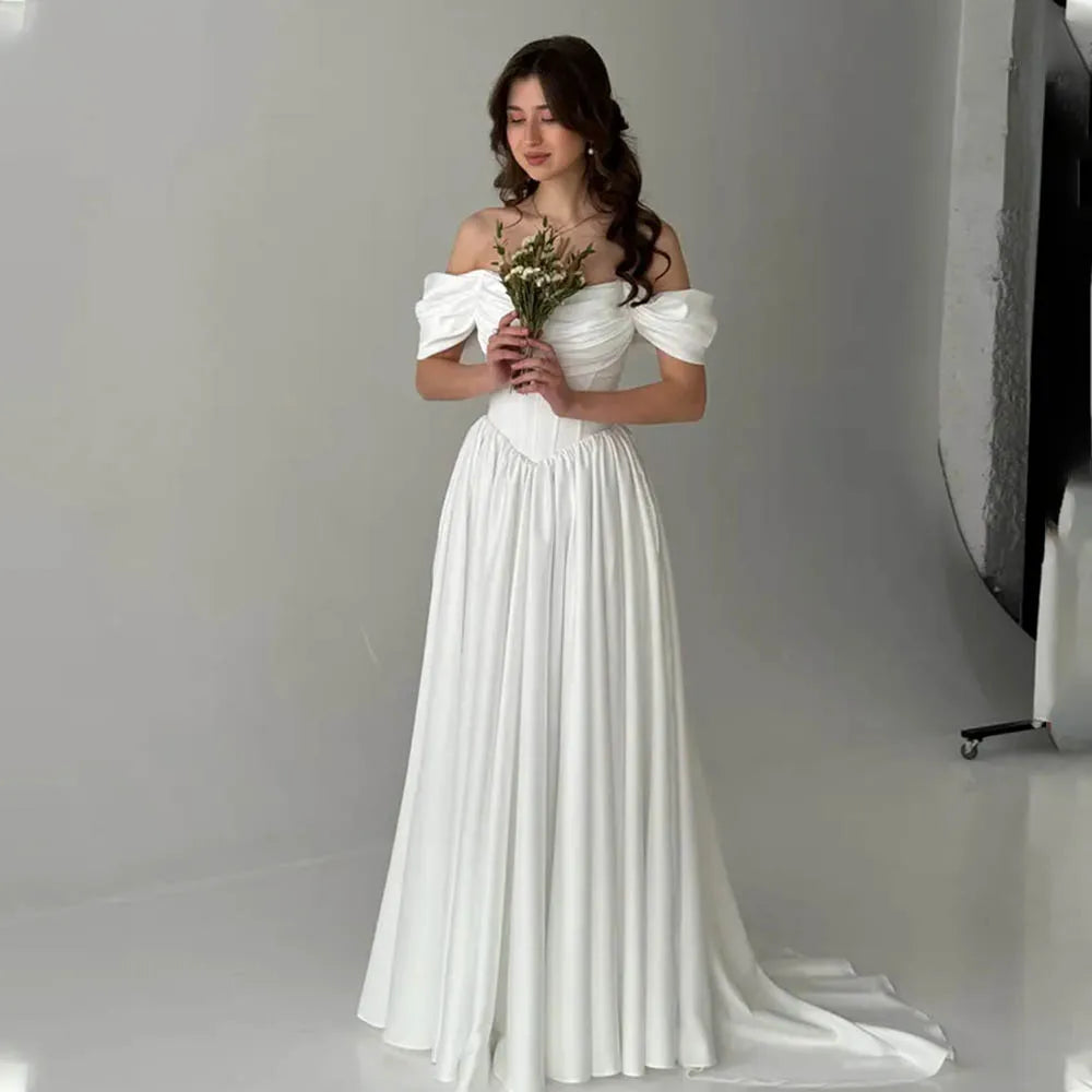 Popular Off The Shoulder Pleat Sweetheart Thick Satin A Line Wedding Dress V-shape Waistline Custom Made 2026 Rode De Morrie